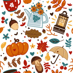 Vector colorful autumn natural seamless pattern with fall leaves, fruits, pumpkins and mushrooms. Fall endless background