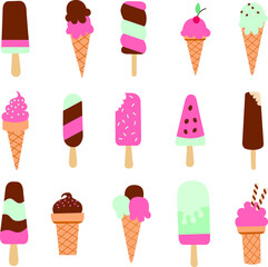 Ice cream cone and bar. Collection of ice cream illustrations. Paper cut style cute ice cream