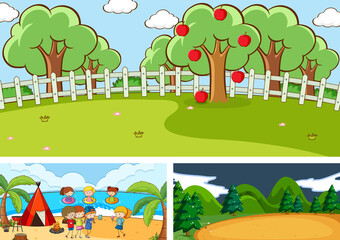 Fototapeta na wymiar Set of different horizontal scenes with doodle kids cartoon character