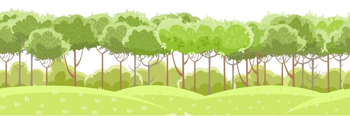 Thin young trees and bushes. Grassy green rural hills. Beautiful and graceful landscape. Isolated on white background. Flat style. Cartoon design. Seamless, Vector