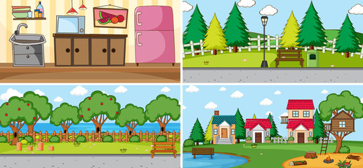 Set of different scenes in cartoon style