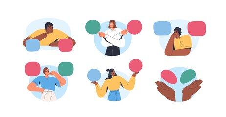 Set of confused pensive people making choice and decision. Men and women doubting, solving problems, choosing between two alternatives. Dilemma concept. Flat vector illustration isolated on white
