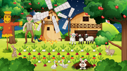 Fototapeta premium Farm scene at night with old farmer man and cute animals