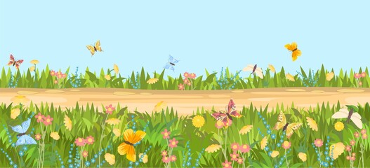 Seamless sandy road. Horizontal border composition. Summer flowers meadow landscape. Juicy grass. Rural rustic scenery. Cartoon design. Flat style art illustration vector