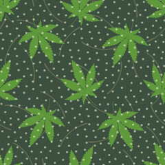 Marijuana leaf. Seamless patterns with narcotic plants for modern fabrics, wrapping paper, interior design. Polka dot fabric on a dark green background. Vector.