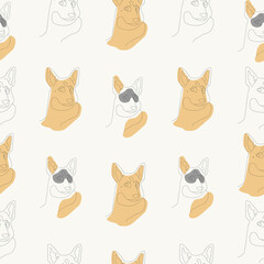 Fototapeta na wymiar Seamless pattern with cute dogs of shepherd breed. Backdrop with adorable line pet animals on biege background. Flat line vector illustration.