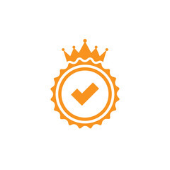 Valid Seal icon. Gold circle with royal crown and tick. Flat OK sticker icon. Isolated on white.