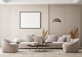 mock up poster frame in modern home interior background, living room, luxury style, 3D render, 3D illustration