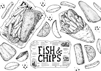 Fish and chips sketch vector illustration. British pub food. Hand drawn sketch. Cooking fish and chips. Engraved hand drawn vintage image. Menu design template. - obrazy, fototapety, plakaty