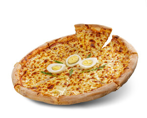 Pizza with cheese and tomato sauce isolated on white background. Deliciouse topping.