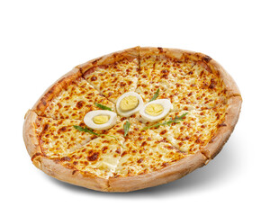 Pizza with cheese and tomato sauce isolated on white background. Deliciouse topping.