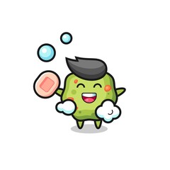 puke character is bathing while holding soap