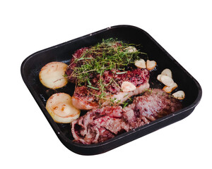 Meat Steak top view on frying pan cooking
