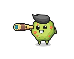 cute puke character is holding an old telescope