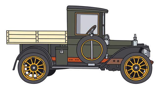 The hand draving of a vintage green and cream lorry truck