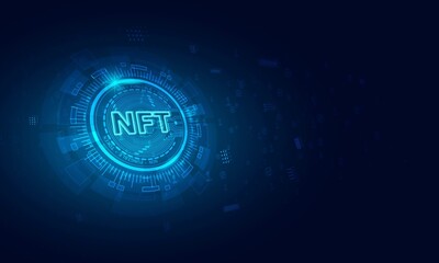 Non-fungible token (NFT) coin.Bluie abstract technology background.