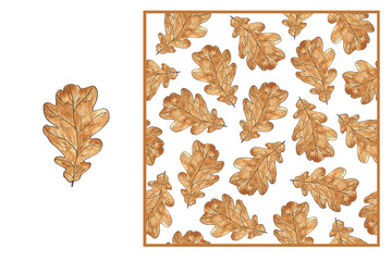 Set of autumn leaves - Brown oak leaf isolated on white background and seamless pattern. Watercolor illustration. For banner, flyer, textile.