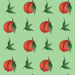 Ripe juicy peaches, nectarines and leaves on a gentle green background. Seamless pattern. Watercolor illustration. Summer fruits. For printing on fabric.