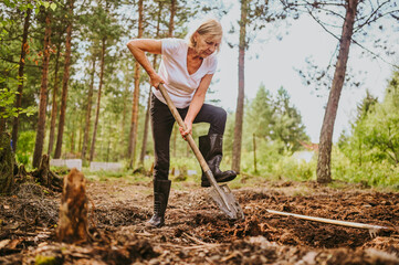 Elderly senior gardener woman digging caring ground level at summer farm countryside outdoors using garden tools rake and shovel. Farming, gardening, agriculture, retired active old age people concept