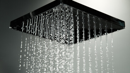 Macro shot of dripping water drops from shower head