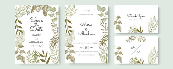 Green gold Wedding Invitation, floral invite thank you, rsvp modern card Design in Hand drawn flower with red berry and leaf greenery branches decorative Vector elegant rustic template
