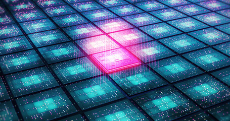Advanced AI CPU Processors Analyzing Data Flow. Futuristic AI Processor. Data Processing. Computer And Technology Related 3D Illustration Render.