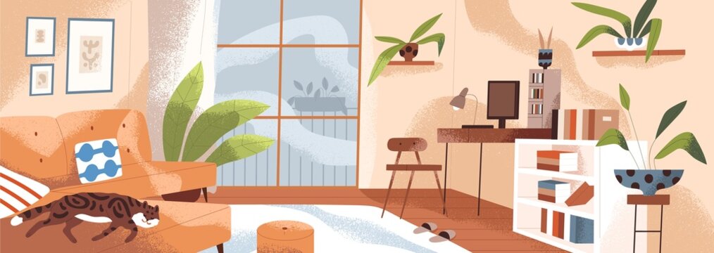 Interior design of living room with furniture, house plants and decor. Inside cozy home with sofa, bookshelf, table, and computer. Modern apartment panorama. Colored textured flat vector illustration