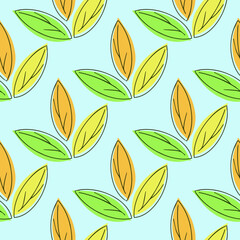 Simple color autumn leaves pattern on a blue background. Vector illustration. Print.