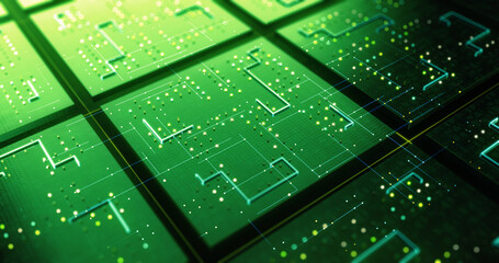 High Tech Electronic Circuit Board. Electrical Signals Flowing. Artificial Intelligence. Computer And Technology Related 3D Illustration Render.