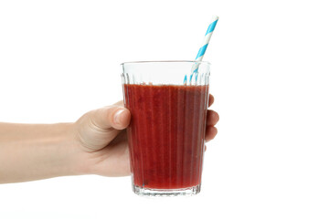 Female hand holds cherry smoothie, isolated on white background