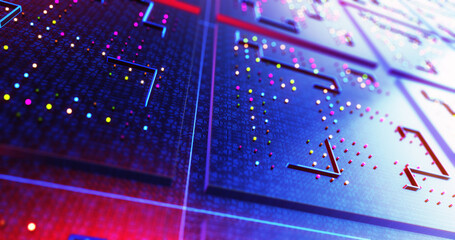 High Tech Electronic Circuit Board. Electrical Signals Flowing. Artificial Intelligence. Computer And Technology Related 3D Illustration Render.