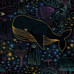 Seamless colorful vector pattern of phantasmagoria with mushrooms, eyes, frogs and whale