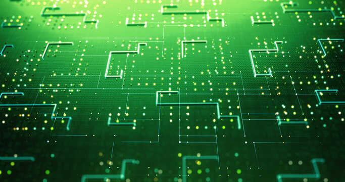CPU Circuit Technology Background. Data Signals Flowing. Artificial Intelligence. Computer And Technology Related 3D Illustration Render.