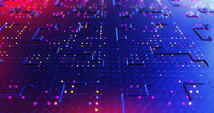 Futuristic AI Processor Power. Data Flowing Inside Of Circuits. Artificial Intelligence. Computer And Technology Related 3D Illustration Render.