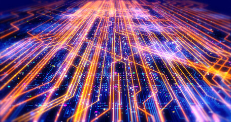 Technology Background With Moving Server Circuit Board Lines Moving Slowly - Futuristic Technology Related Concept