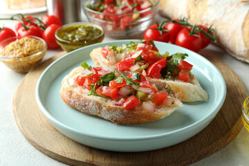 Concept of tasty food with bruschetta snacks