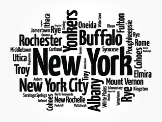 List of cities in New York USA state, word cloud concept background
