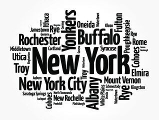 Fototapeta premium List of cities in New York USA state, word cloud concept background