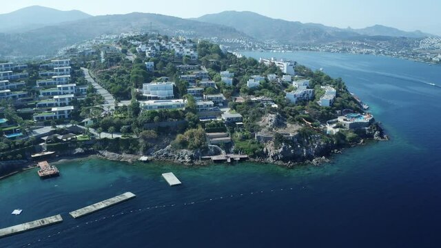 Amazing panoramic aerial 4k view from drone of beautiful bay of G�ndo_an and Yal�kavak in Bodrum on a bright and sunny day in Mugla province in Turkey