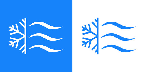 Símbolo aire acondicionado. Logotipo con silueta de copo de nieve con olas en fondo azul y fondo blanco