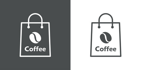 Comida para llevar. Logotipo con silueta de grano de café con texto Coffee en bolsa de la compra con lineas en fondo gris y fondo blanco