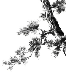 水墨画技法で描かれた松の枝
