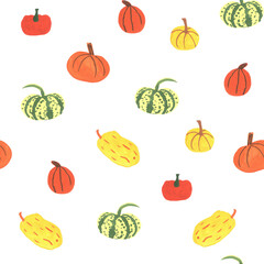 Seamless pattern with different colorful pumpkins on white baclground