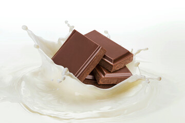 Pieces of chocolate falling into splashing milk on white background 