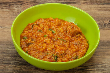 Traditional Georgian Kharcho soup with meat