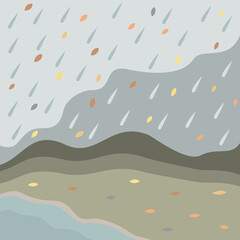 Autumn landscape. Flat concept. Background in muted pastel colors. Leaf fall and rainy weather. Near the lake. Vector illustration.