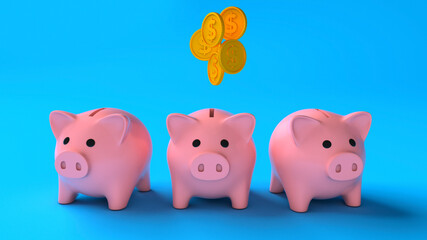 Profit sharing by piggy banks. Uneven division of money. Three pink piggy banks with gold coins money on a blue background. 3d render