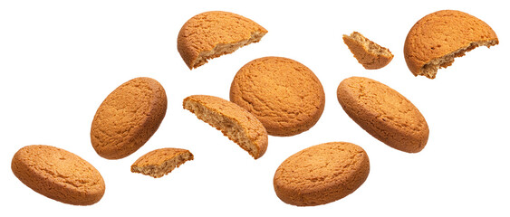 Falling oatmeal cookies isolated on white background