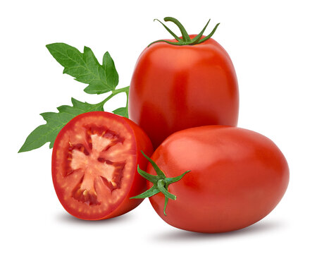 Italian, San Marzano, Plum Or Roma Tomatoes With Green Leaf Isolated On White Background  Including Clipping Path