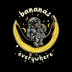 t shirt design bananas everywhere with monkey in a spacesuit peels a banana on the big banana vintage illustration